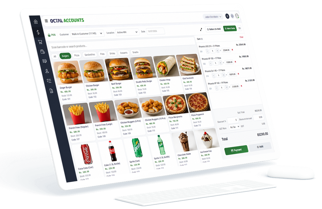 Octal Accounts POS billing screen with product grid